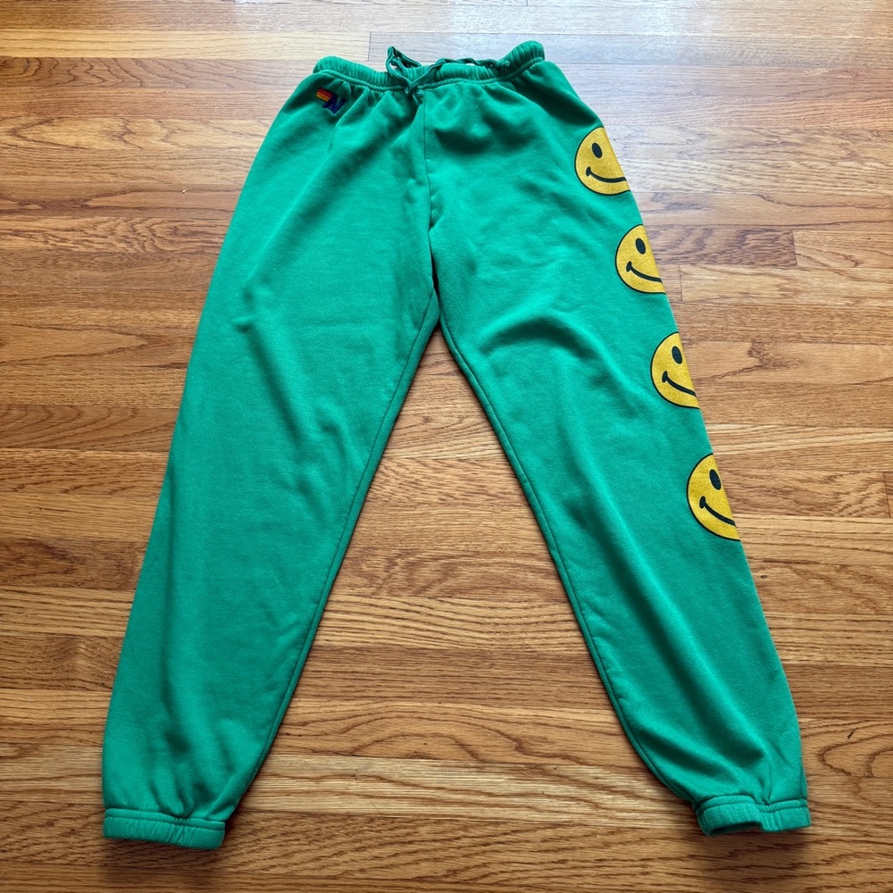 Aviator Nation green smiley face sweatpants Medium